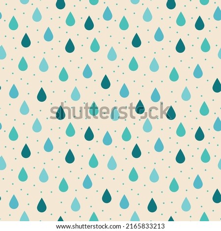 Cute raindrop seamless vector pattern. Aqua blue and teal tear drop shapes with polka dots. Playful water droplet print for children. Repeat surface texture design.  Royalty-Free Stock Photo #2165833213