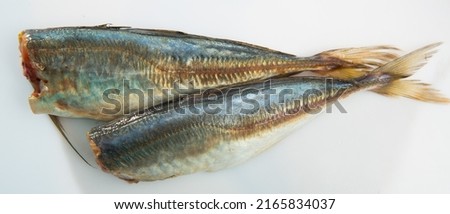 Raw gutted Atlantic horse mackerel on white background..