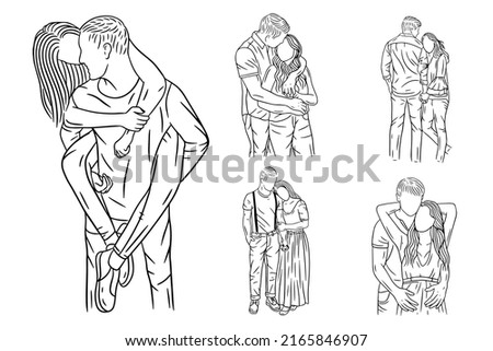 Set Bundle Line Art Drawing Simple Couple Fall in Love Happy Cute Hand Drawn