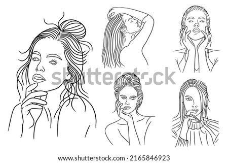 Set Bundle Line Art Drawing Simple Women Modeling Head and Face Pose Hand Drawn