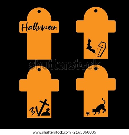Halloween tags in the form of a grave cross with carved symbols of the holiday
