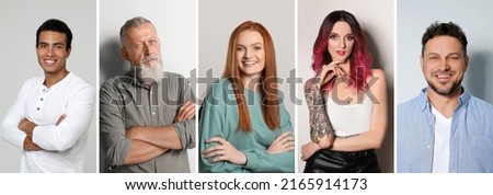 Collage with photos of happy attractive people on light grey background. Banner design