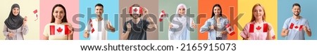 Set of people with flags of Canada on colorful background