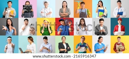 Set of young Asian people on color background Royalty-Free Stock Photo #2165916347