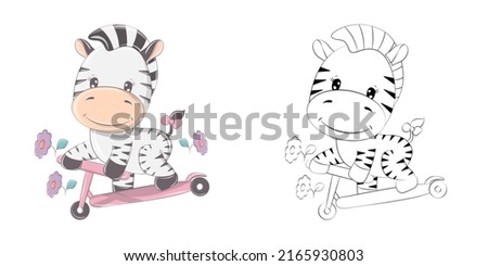 Zebra Clipart for Coloring Page and Multicolored Illustration. Baby Clip Art Zebra on Scooter. Vector Illustration of an Animal for Coloring Pages, Prints for Clothes, Stickers, Baby Shower. 