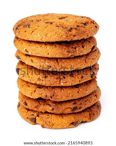 Stacked chocolate chip cookies isolated on white background
