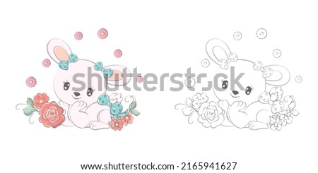 Bunny Clipart for Coloring Page and Multicolored Illustration. Baby Clip Art Bunny with Flowers and a Bow. Vector Illustration of an Animal for Coloring Pages, Prints for Clothes, Baby Shower. 