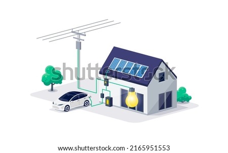 Home electricity scheme with battery energy storage system on modern house photovoltaic solar panels and rechargeable li-ion backup. Electric car charging on renewable smart power off-grid system. Royalty-Free Stock Photo #2165951553