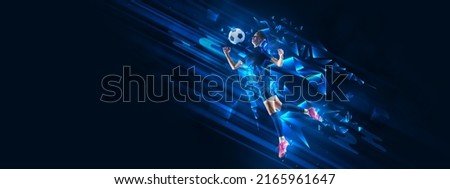 Poster with young woman, female soccer player playing football with ball isolated on blue background with polygonal and fluid neon elements. Concept of art, creativity, sport, energy and power