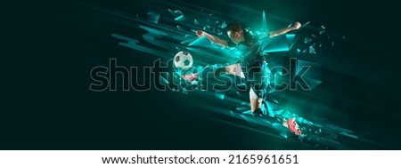 Leg kick. Flyer with female soccer, football player in motion and action with ball isolated on dark background with green fluid neon elements. Concept of art, creativity, sport, energy and power Royalty-Free Stock Photo #2165961651