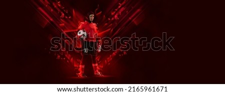 Win. Flyer with female soccer, football player in motion and action with ball isolated on dark background with red polygonal neon elements. Concept of art, creativity, sport, energy and power
