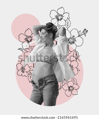 Tender beautiful pregnant woman with long hair isolated on light background. Contemporary art collage. Concept of family, love, motherhood, emotions. Artwork for family planning center