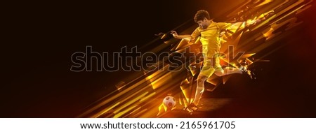 Power and energy. Flyer with soccer, football player in motion and action with ball isolated on dark background with polygonal and fluid neon elements. Concept of art, creativity, sport, energy and