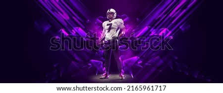 Champion. Bright poster with american football player standing isolated on dark background with purple polygonal and fluid neon elements. Concept of art, creativity, sport, energy and power
