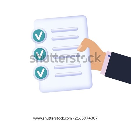 Submit paper document. Businessman hand holding correct, submit checklist. Approved, agreed with a green tick report. Business request, offer or research, verified profile, menu. Vector illustration Royalty-Free Stock Photo #2165974307