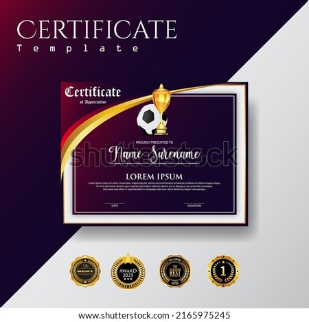 Soccer Game Certificate Diploma With Golden Cup Set Vector. Football. Sport Award Template. Achievement Design. Graduation. Document. Champion. Best Prize. Winner Trophy. Template Illustration