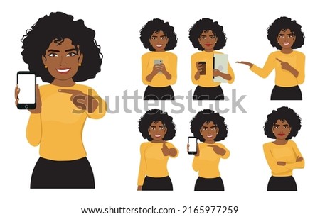 Smiling pretty woman with afro hairstyle set different gestures isolated vector illustration.