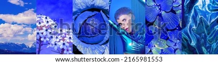 Set of trendy aesthetic photo collages. Minimalistic images of one top color.  Fashion Deep Blue moodboard