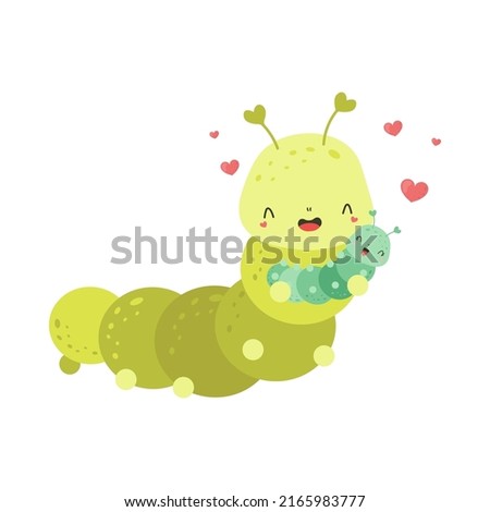 Cute Caterpillar Clipart for Kids Holidays and Goods. Happy Clip Art Fox Caterpillar with Baby. Vector Illustration of an Animal for Stickers, Prints for Clothes, Baby Shower Invitation. 