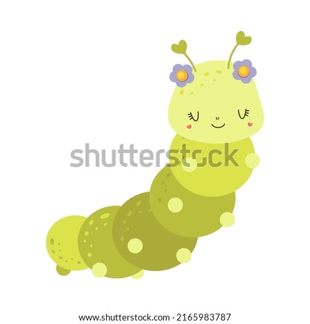 Clipart Caterpillar in Cartoon Style. Cute Clip Art Caterpillar with Flowers. Vector Illustration of an Animal for Stickers, Baby Shower Invitation, Prints for Clothes, Textile. 