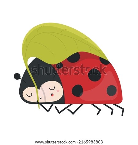 Ladybug Clipart in Cute Cartoon Style Beautiful Clip Art Ladybug Sleeps under a Leaf. Vector Illustration of an Animal for Prints for Clothes, Stickers, Textile, Baby Shower Invitation. 