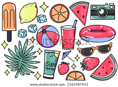 Set of summer holiday items in bright colors isolated on white background