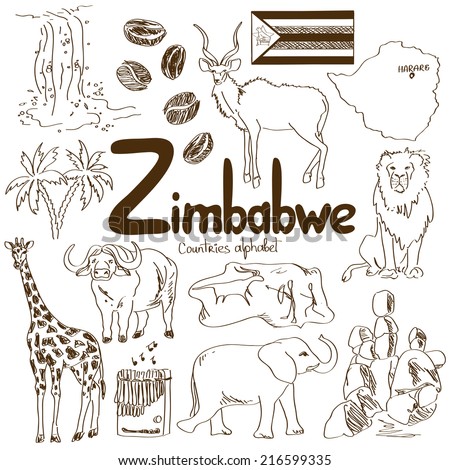 Fun sketch collection of Zimbabwe icons, countries alphabet