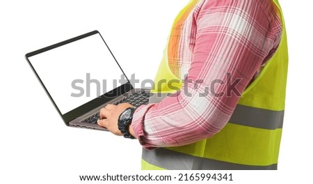 chief engineer Wearing a reflective tiger holding a laptop. isolated on a white background clipping path.copy space.
