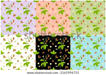 Illustration set of pattern with strawberries. Strawberries flowers and green leaves.  Illustration clip art collection for web, print design