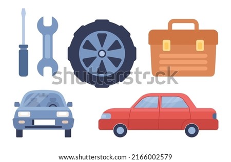 Auto service icon set. Car repair concept. Car tire, wrench, car, tools box. Vector flat illustration 