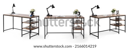 Metal desk and shelf isolated on white background .different angle 