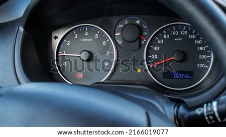 Fuel car gauge empty. Petrol tank meter car indicator on dashboard. Low gasoline level. Empty fuel gas gauge.