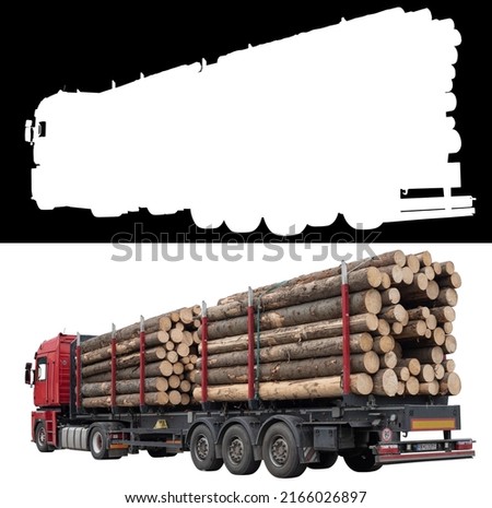 A piles of felled tree loaded on the truck. Cut off picture with clipping mask.
