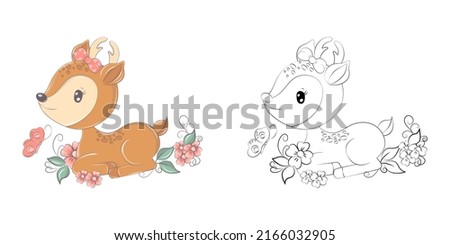 Cute Deer Clipart Illustration and Black and White. Funny Clip Art Deer in the Flower Field. Vector Illustration of an Animal for Coloring Pages, Stickers, Baby Shower, Prints for Clothes. 