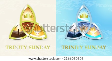 Trinity Sunday Greeting card set. Religious trinity, crown, cross, holy spirit, dove. Gold and silver trinity.  Observed on the first Sunday after Pentecost. Vector Illustration. EPS 10. Royalty-Free Stock Photo #2166050805