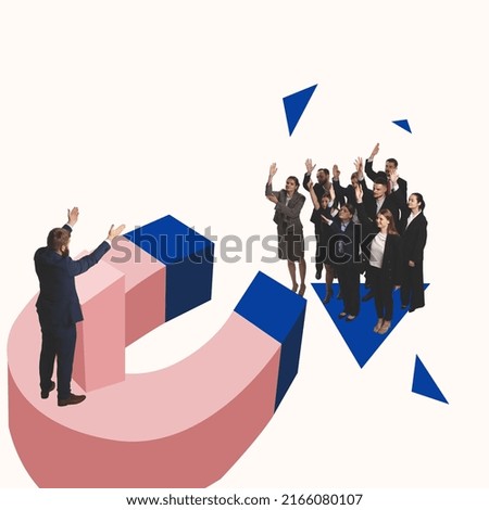 Contemporary art collage. Man, speaker standing on giant magnet and making influential speech to group of people. Blind election. Concept of creativity, mass media influence, information, news. Royalty-Free Stock Photo #2166080107