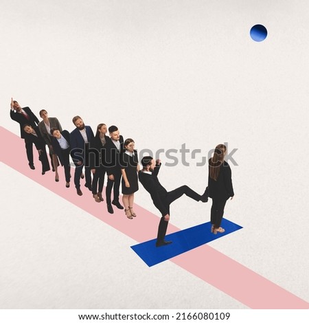Contemporary art collage. Conceptual image. group of people standing in a line. Man pushing woman on precipice. Manipulation. Concept of creativity, influence, information, news. Copy space for ad