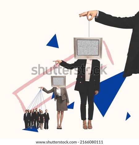 Contemporary art collage. Conceptual image. People with TV head holding strings, making influence. Manipulation chain, Concept of creativity, mass media influence, information, news. Copy space for ad