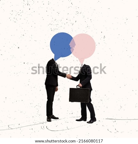 Contemporary art collage. Conceptual image. Two businessmen with transparent speech bubble head shaking hands. Business deal, empty mind. Concept of creativity, business, influence, information, news.