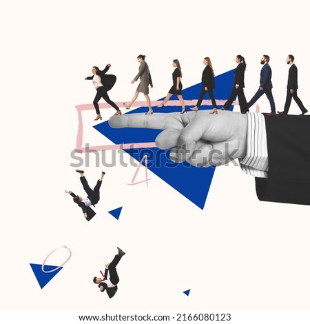 Contemporary art collage. Group of people walking on male hand pointing way and falling down. Blind following. Concept of manipulation, mass media influence, information, news. Copy space for ad