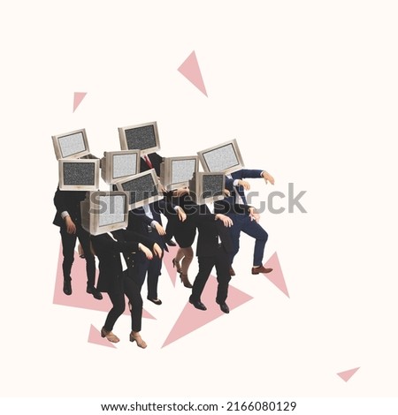Contemporary art collage. Conceptual image. Group of people with retro tv heads walking like zombie. Blind following, disinformation. Concept of creativity, mass media influence, information, news.