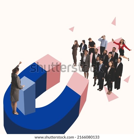 Contemporary art collage. Conceptual image. Woman, speaker standing on giant magnet and making influential speech to group of people. Concept of creativity, mass media influence, information, news.