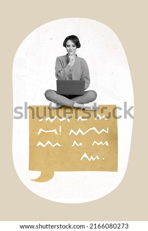 Vertical composite picture of black white gamma woman sitting drawing dialogue hand touch chin use netbook
