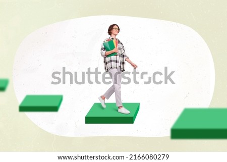 Creative photo artwork collage of beautiful lady rising working success green graphics stairs isolated white beige color background Royalty-Free Stock Photo #2166080279