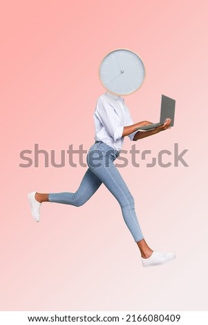 Vertical collage image of running business person clock instead head use wireless netbook
