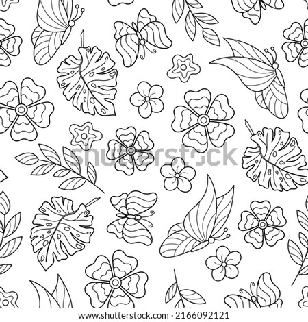 Summer Black and White Hand-drawn Seamless Pattern of Outline Butterflies, Flowers, Leaves, Twigs. Doodle Art. Contour bw Natural Continuous Motif  for Page of Coloring Book.