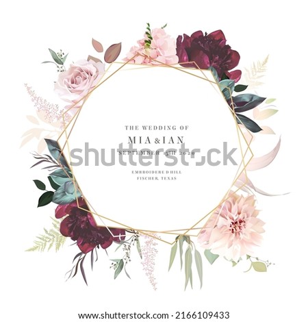 Luxurious beige trendy vector design card. Geometric golden art. Pink rose, creamy dahlia, hydrangea, fern, astilbe, burgundy red peony, pampas grass. Wedding frame. Elements are isolated and editable Royalty-Free Stock Photo #2166109433