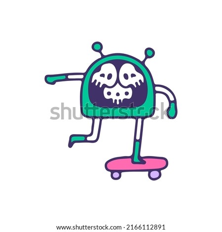 Alien with skulls head riding skateboard, illustration for t-shirt, sticker, or apparel merchandise. With cartoon style.