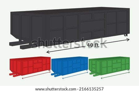Dumpster vector illustration. Four different-sized isolated containers, black, red, blue, and green colored. 