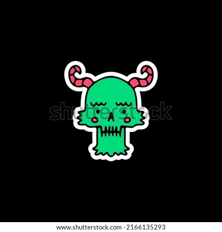 Green devil skull head, illustration for t-shirt, sticker, or apparel merchandise. With doodle, retro, and cartoon style.